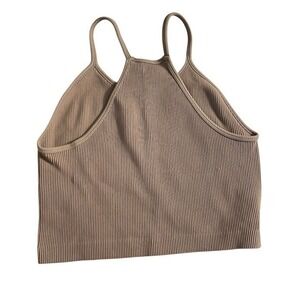 Sunzel Ribbed Crop Tank Top Large Brown Seamless Stretchy High Neck‎ Workout Top